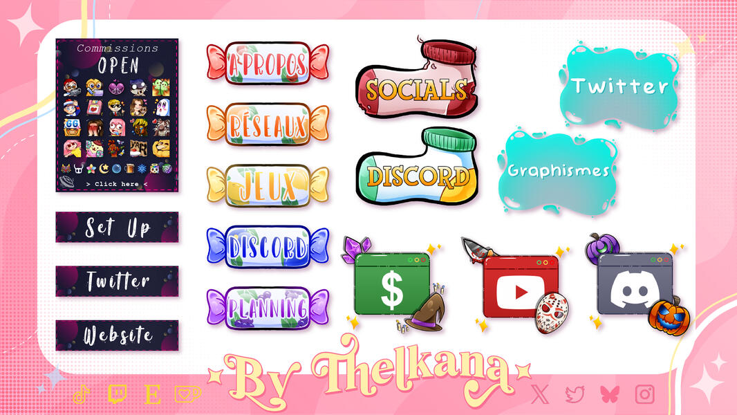 Display of panels done by Thelkana, on a pink background