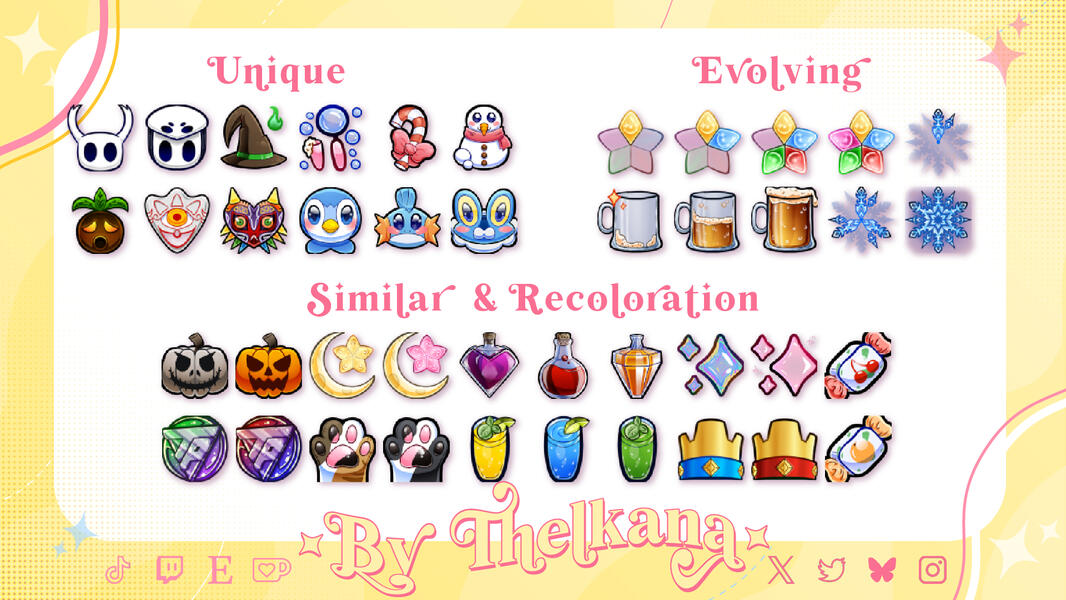 Display of badges done by Thelkana, unique, evolving and similar, on a yellow background