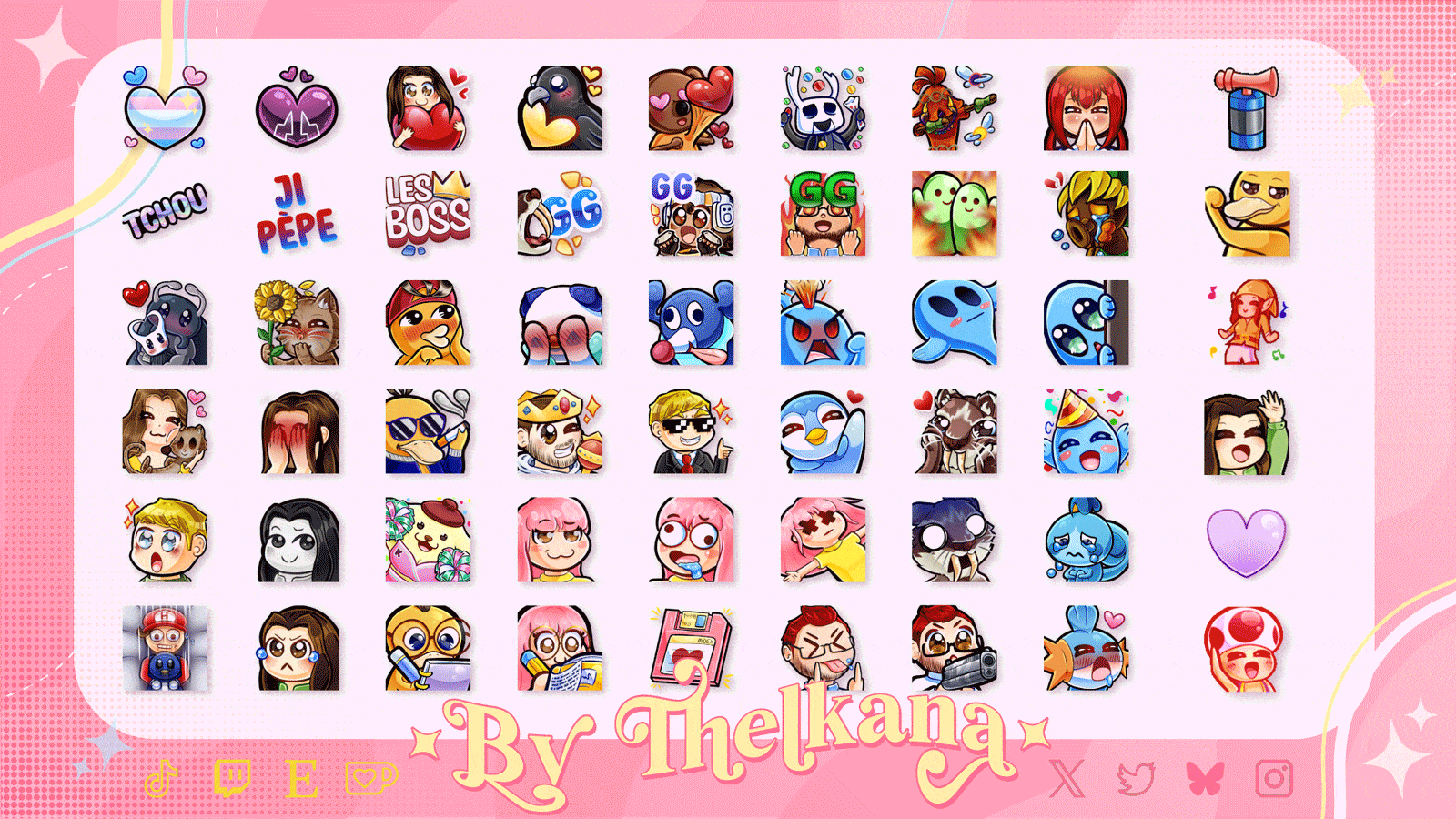 Display of emotes done by Thelkana, still and animated. on a pink background